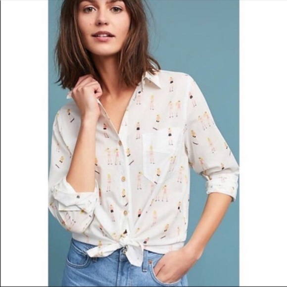 Anthropologie Acote White Roller Skate Girl Button Up Blouse - Picture 1 of 4
